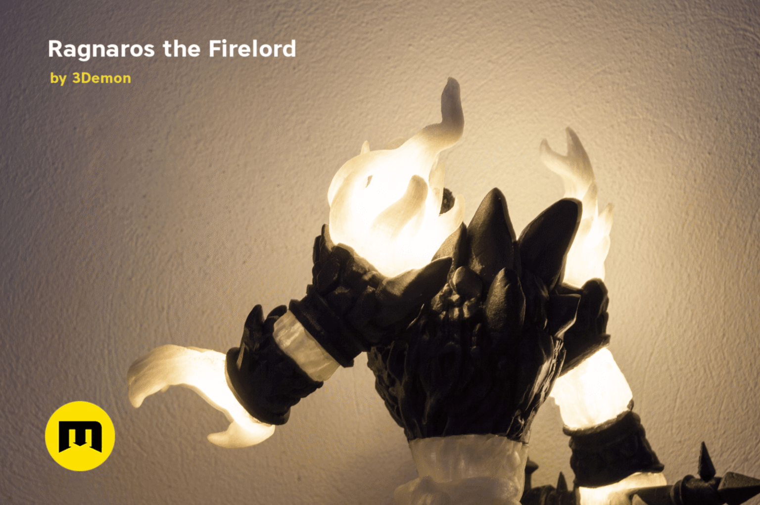 Firelord Figure and Lamp - Ragnaros, glowing flame-topped dragon head, 3D printed lamp collectible