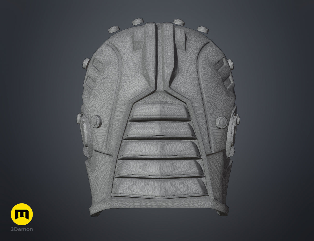 Wireframe mesh render of Sith acolyte mask back - Star Wars STL, rear topology with vented detail, 3D print cosplay prop