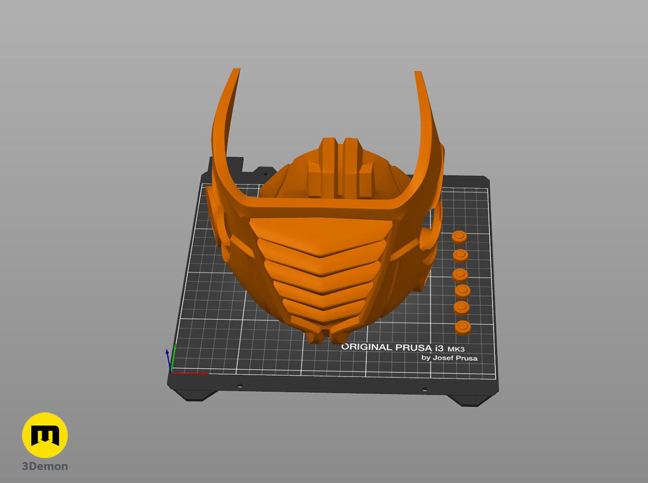 Slicer screenshot of Sith acolyte mask back - Star Wars STL, orange on Prusa i3 MK3 bed