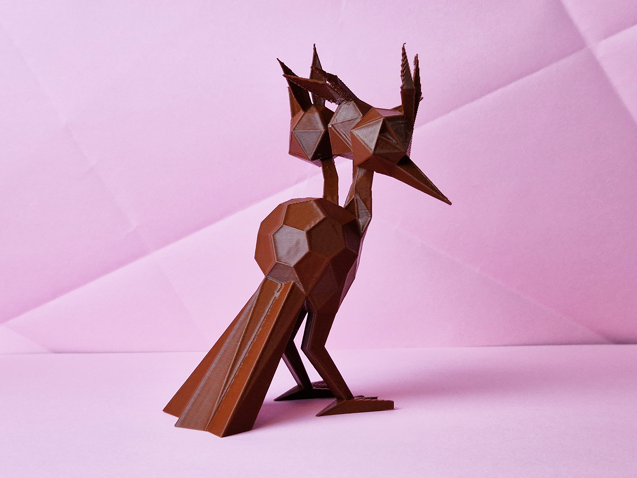 3D printed Dodrio STL collectible figure, brown, dynamic side pose, plain background