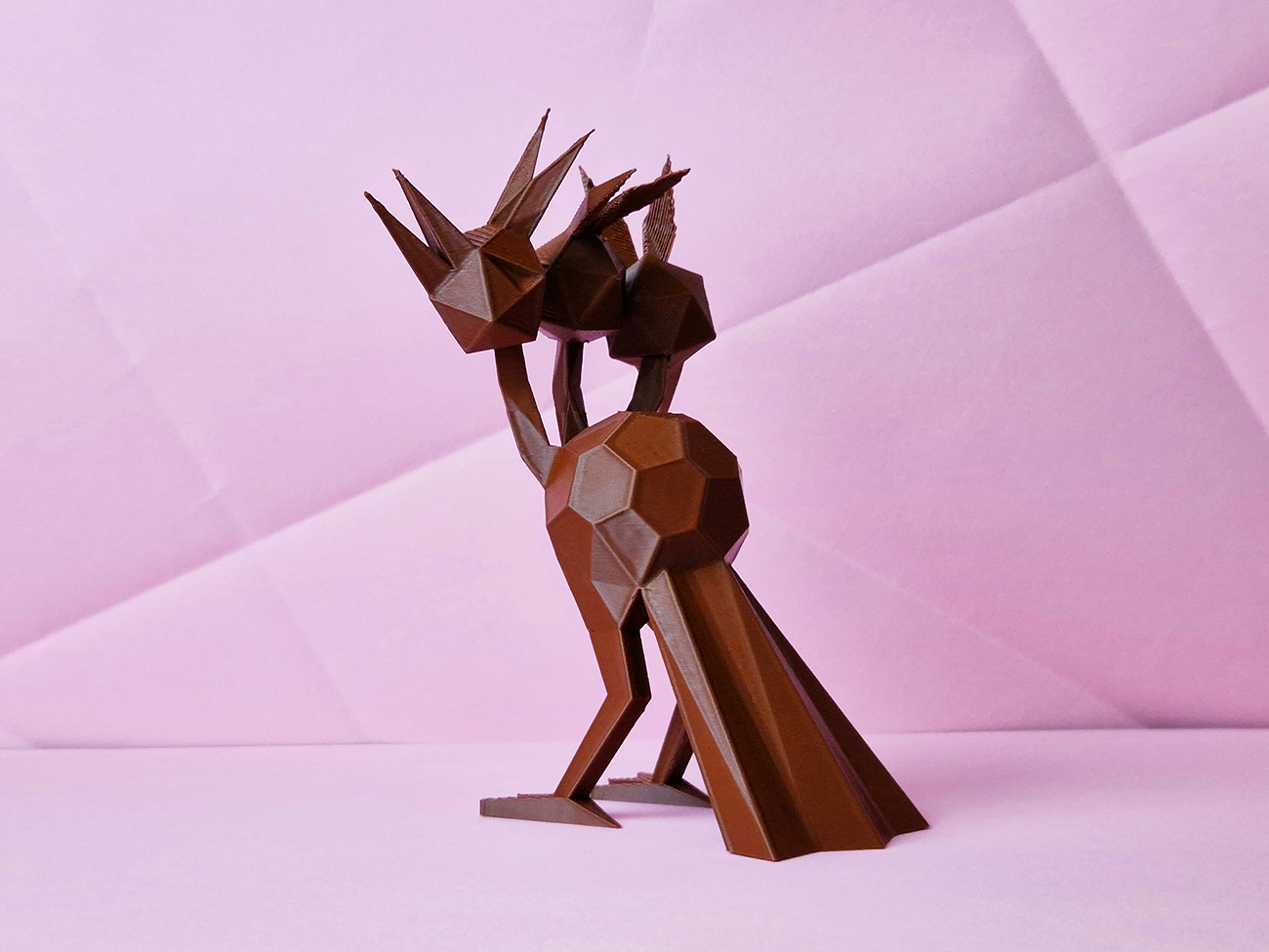Photo of 3D printed Dodrio STL collectible figure, brown, low-angle view, plain background