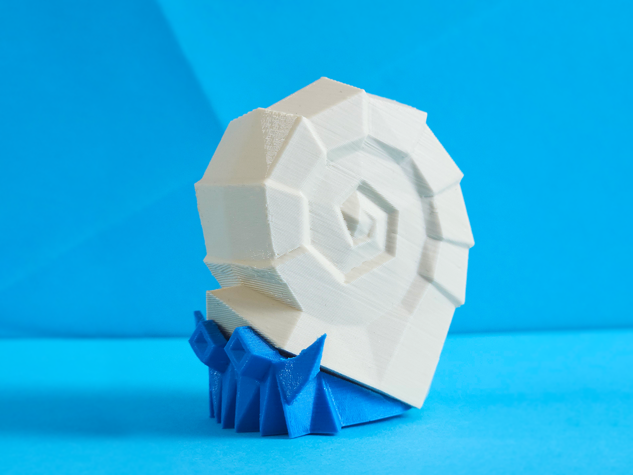 Photo of 3D printed Omanyte STL collectible figure, white shell, blue base, low angle view