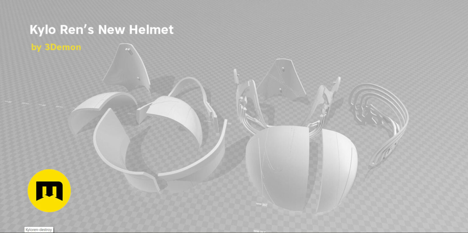 3D print preview of Kylo Ren helmet destroyed - Star Wars STL, exploded view of shattered cosplay prop pieces