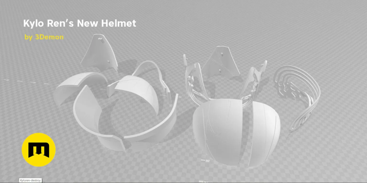 3D print preview of Kylo Ren helmet destroyed - Star Wars STL, exploded view of shattered cosplay prop pieces