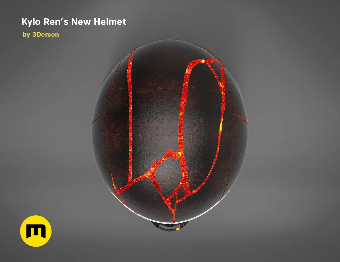 3D print preview of The Kylo Ren helmet destroyed - Star Wars, cracked black cosplay prop with fiery red damage effects.