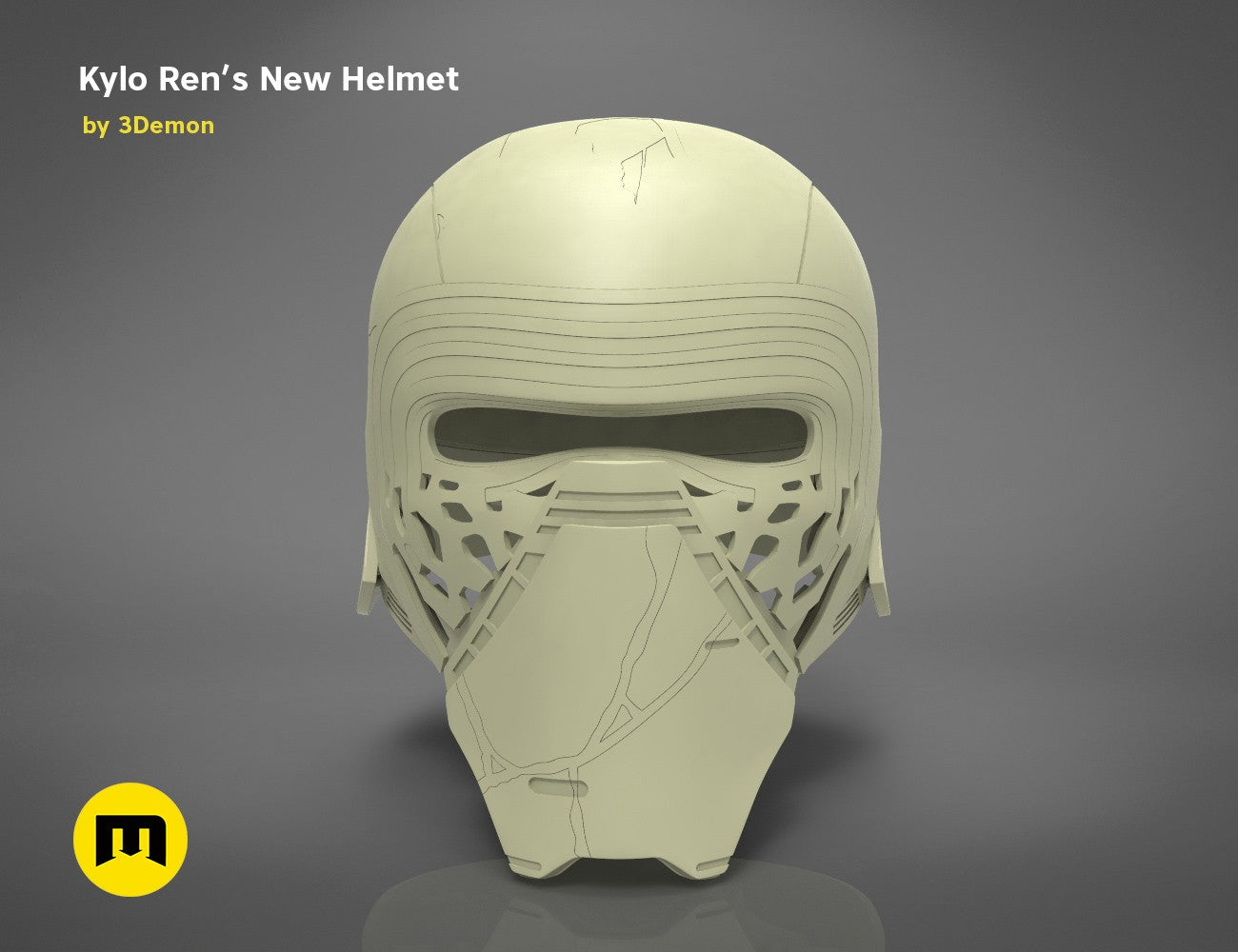 3D model render of The Kylo Ren helmet destroyed - Star Wars, front view 3D print cosplay prop.