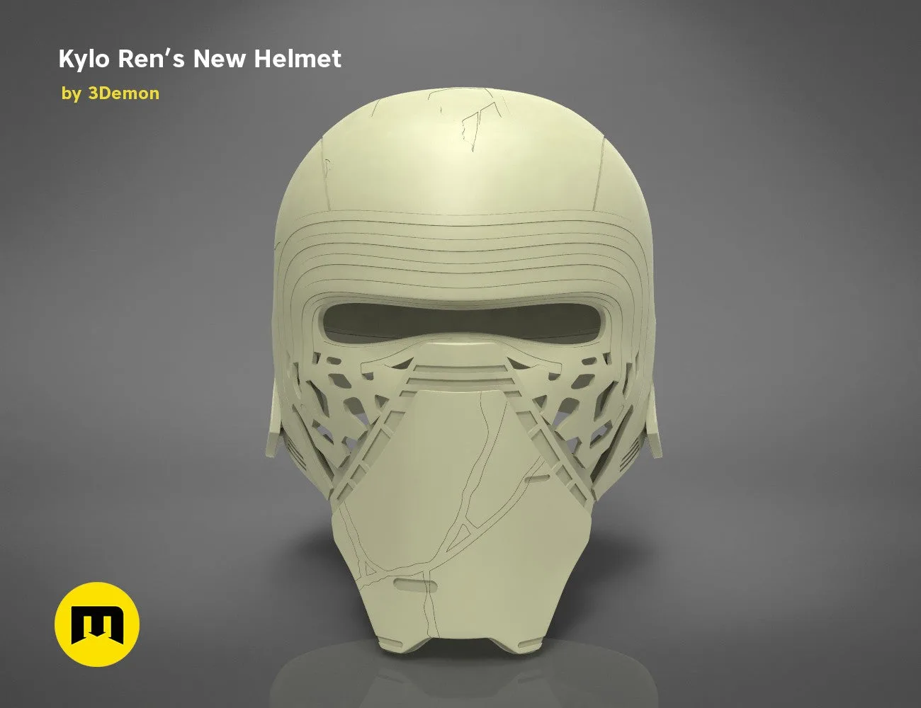 3D model render of The Kylo Ren helmet destroyed - Star Wars, front view 3D print cosplay prop.