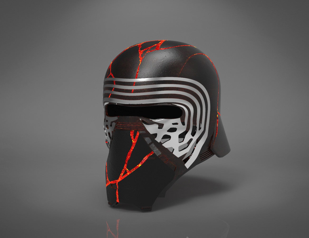 Digital 3D render of The Kylo Ren helmet destroyed - Star Wars, cracked black cosplay prop, side view.
