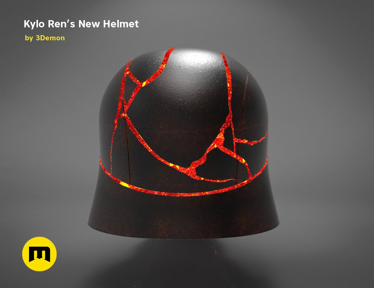 Painted 3D render of Kylo Ren helmet destroyed - Star Wars, cracked red lightning detail, 3D print cosplay prop.
