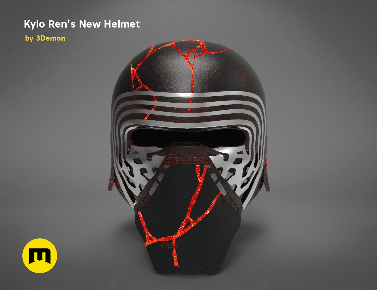 Painted 3D render of Kylo Ren helmet destroyed - Star Wars, cracked black STL cosplay prop.