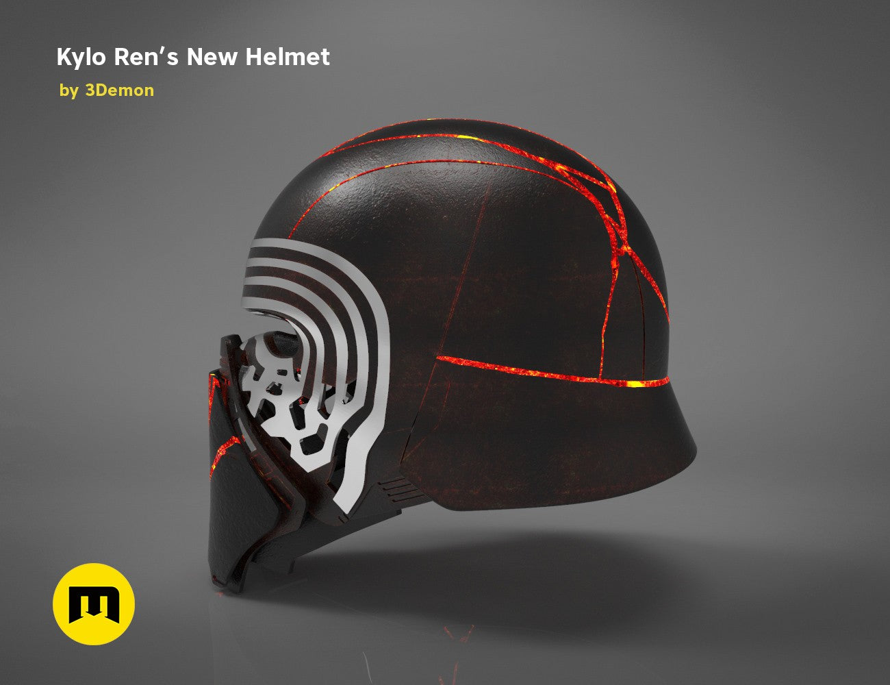 Rendered 3D model of The Kylo Ren helmet destroyed - Star Wars, black textured cosplay prop, side view 3D print