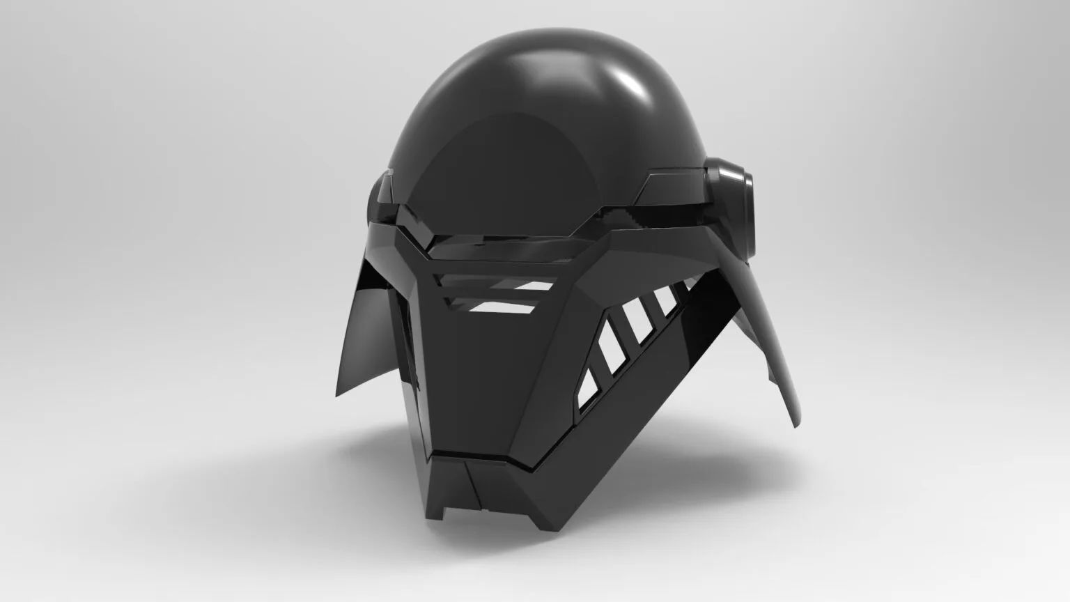 Digital 3D render of Second Sister Inquisitor helmet - Star Wars Fallen Order, black 3D print cosplay prop, side view.
