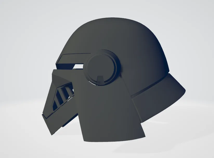 3D visualization of Second Sister Inquisitor helmet - Star Wars Fallen Order, dark 3D print cosplay prop, side view.