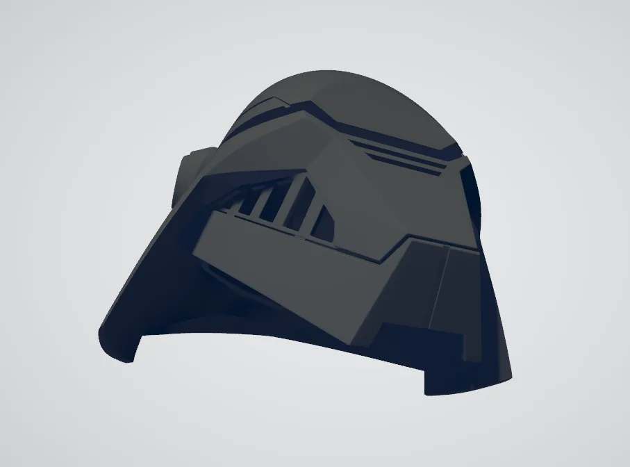 CGI render of Second Sister Inquisitor helmet - Star Wars Fallen Order, dark grey 3D print cosplay prop, side view.