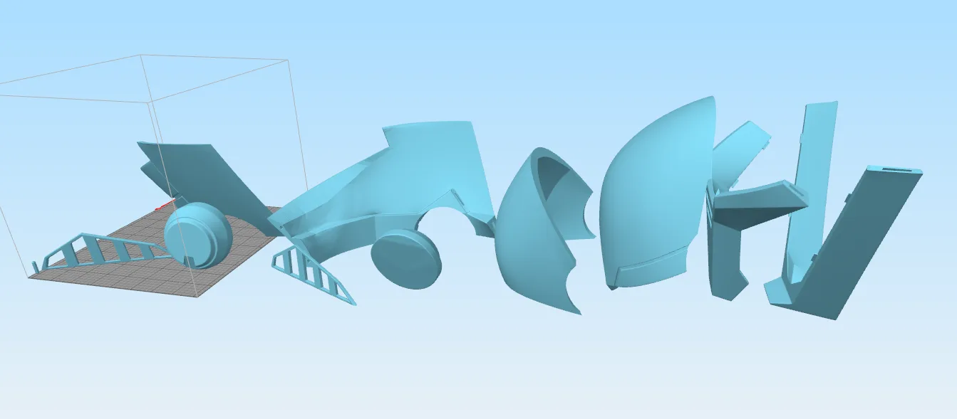 3D model render of Second Sister Inquisitor helmet, exploded view of Star Wars Fallen Order cosplay prop.