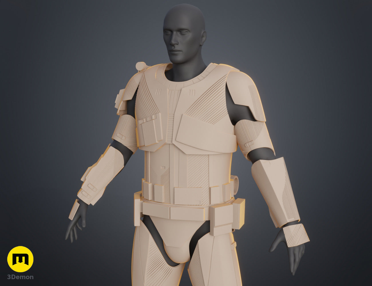 CAD render of Sith Trooper Armor STL, beige textured 3D print cosplay prop, front view