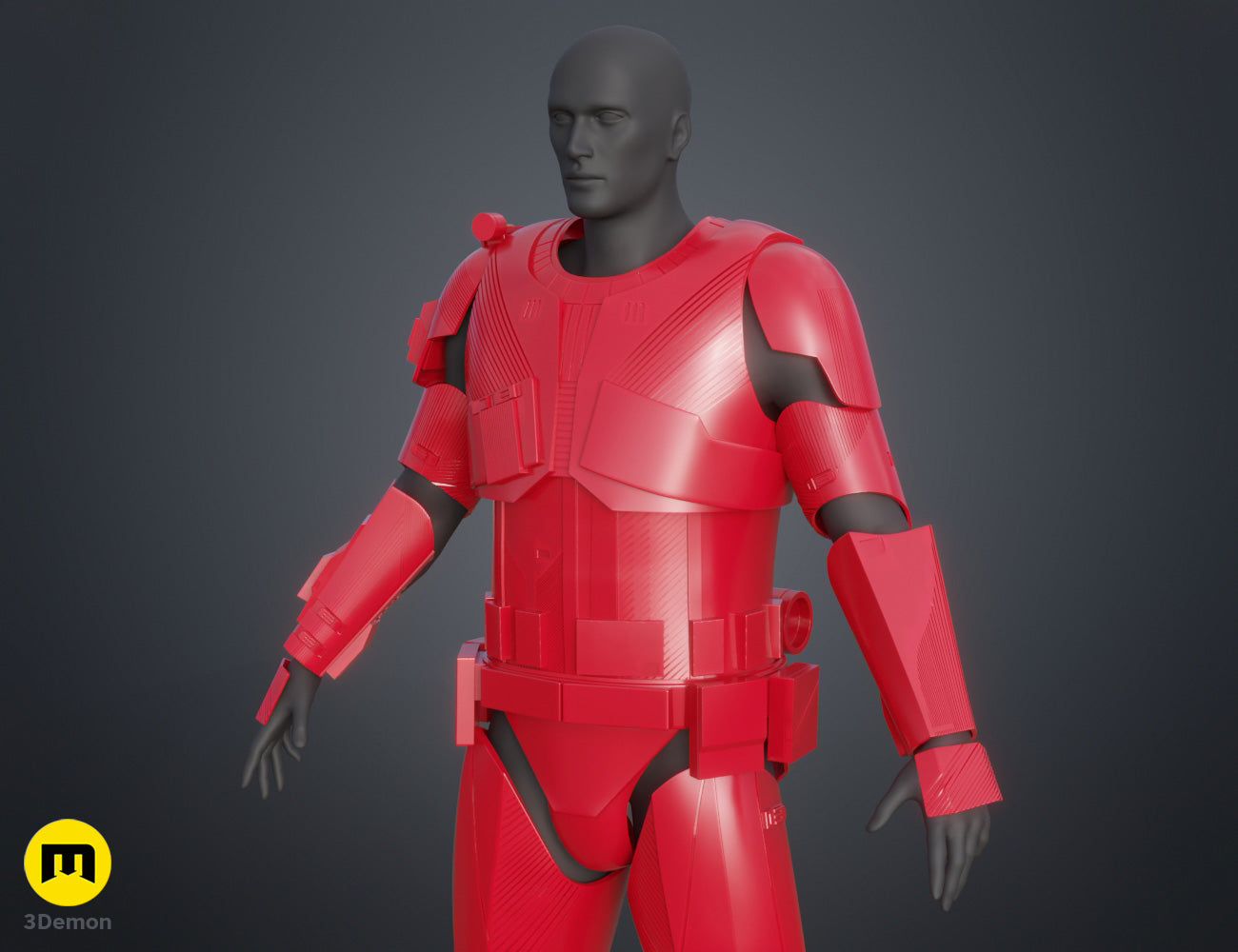3D visualization of Sith Trooper Armor STL, red textured 3D print cosplay prop, front view