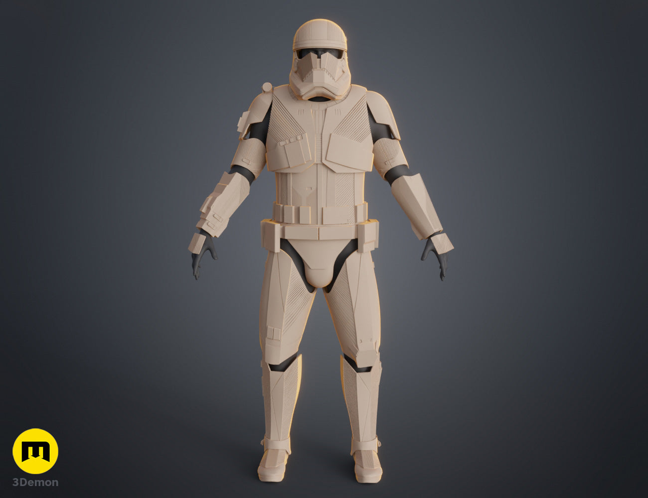 CAD render of First Order Stormtrooper Armor STL, beige 3D print cosplay prop, front view