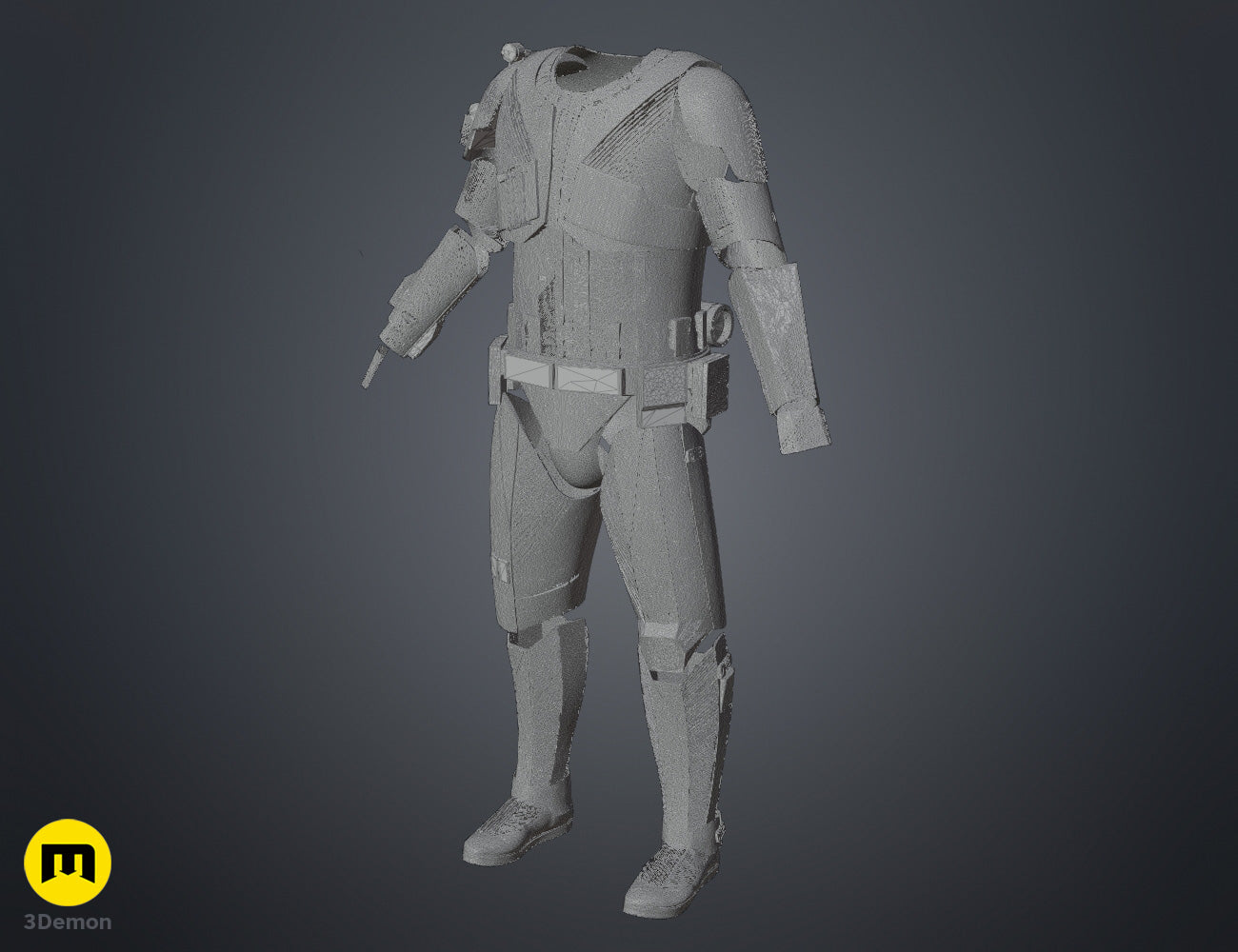 Wireframe mesh render of Sith Trooper Armor and Weapons STL, grey mesh side view, 3D print cosplay prop