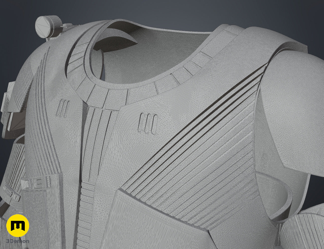 3D visualization of Sith Trooper Armor STL, grey wireframe mesh render with segmented shoulder detail, 3D print cospl...