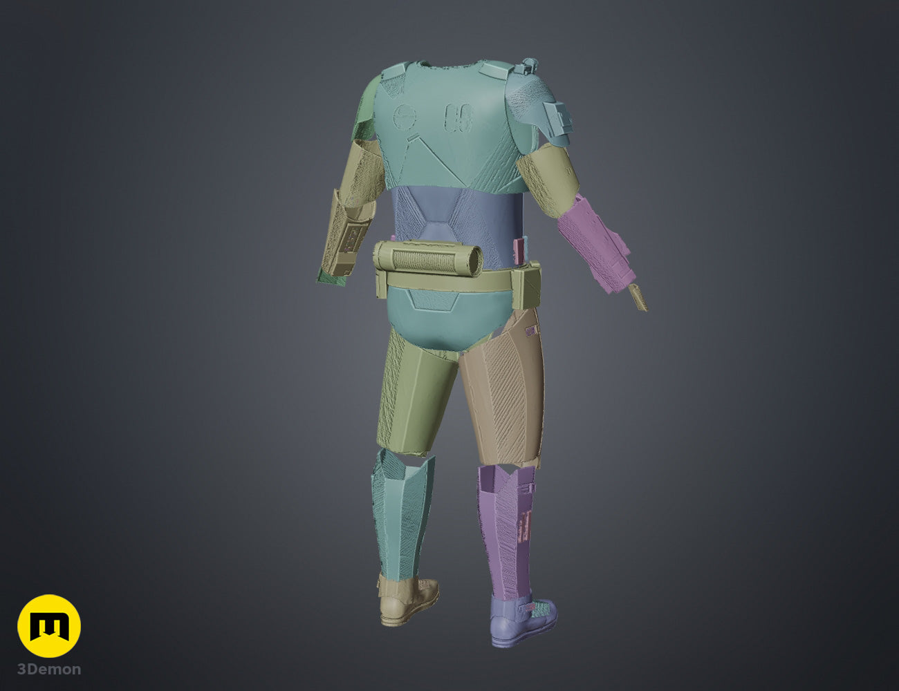 Color-coded parts breakdown of Sith Trooper Armor and Weapons, 3D print cosplay prop, rear view.