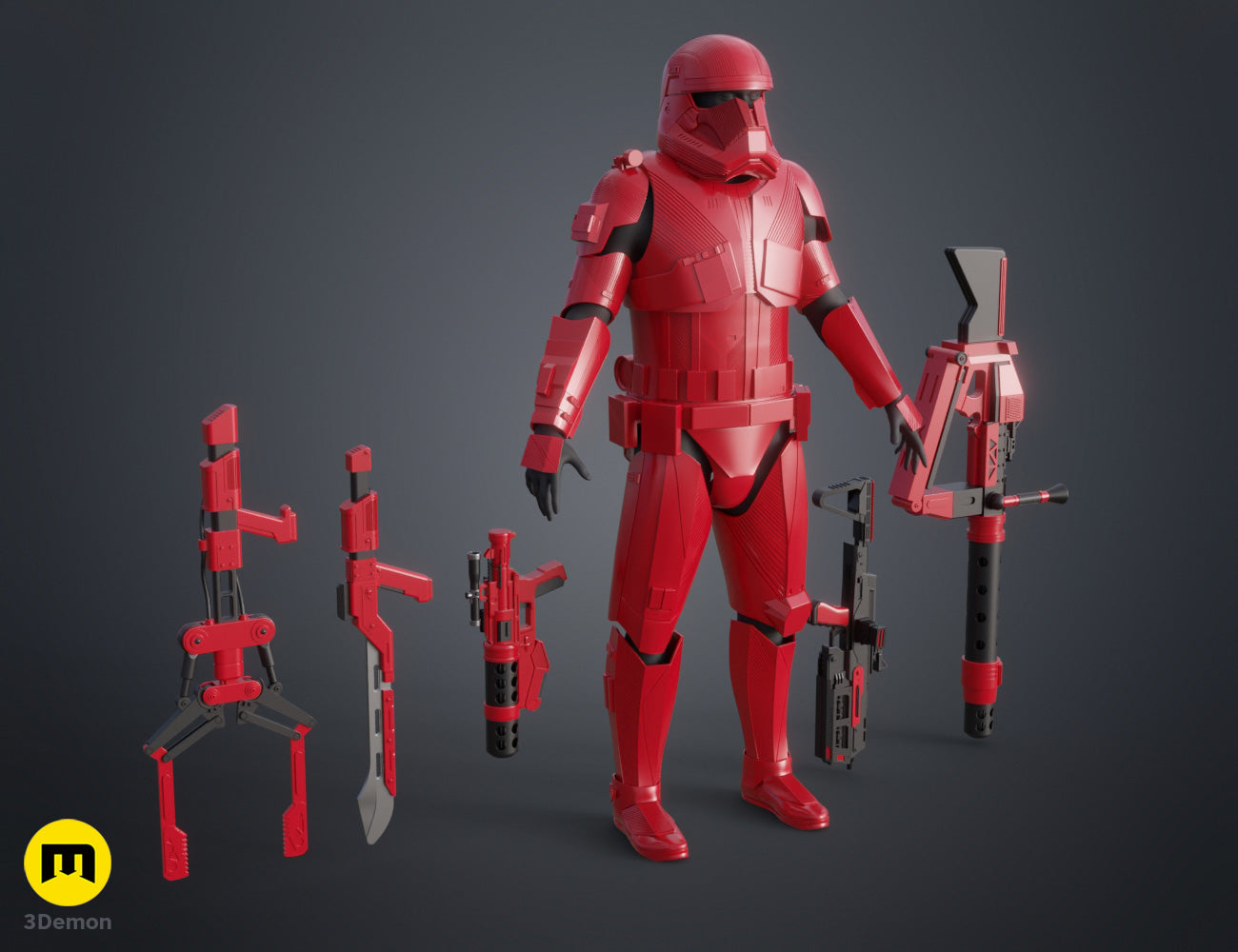 Rendered 3D model of Sith Trooper Armor and Weapons, red textured cosplay prop with disassembled weapon parts.