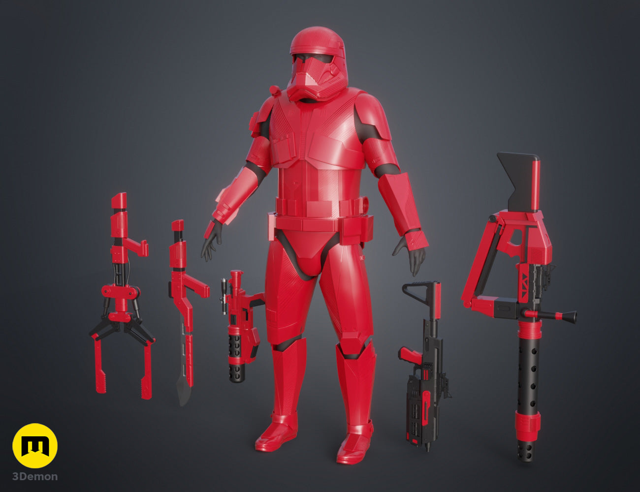 3D visualization of Sith Trooper Armor and Weapons, red 3D print cosplay prop with disassembled weapons.