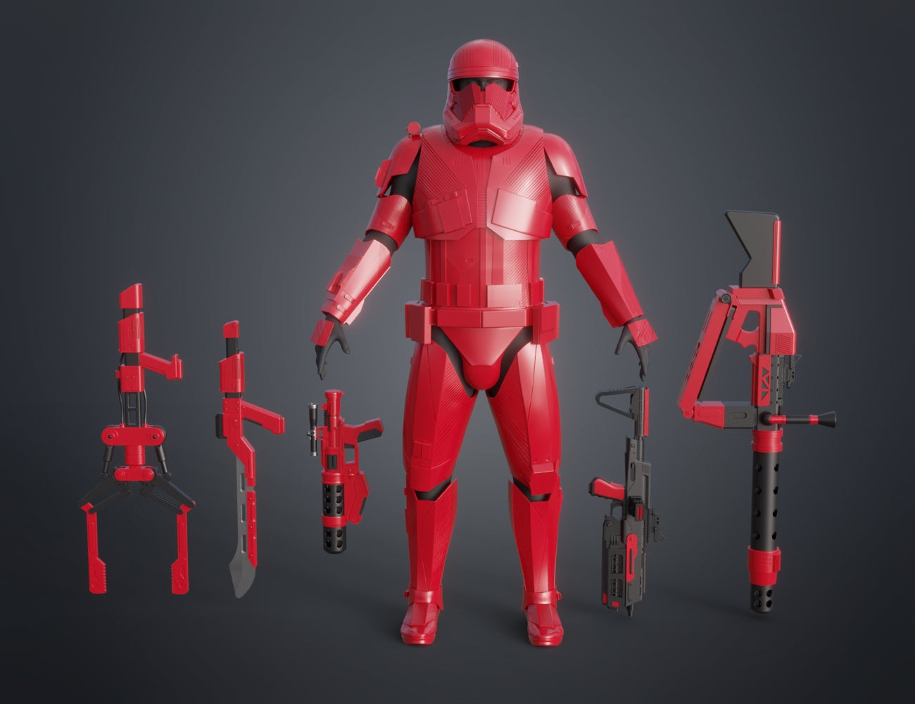 Digital 3D render of Sith Trooper Armor and Weapons, red 3D print cosplay prop with rifle, side view.