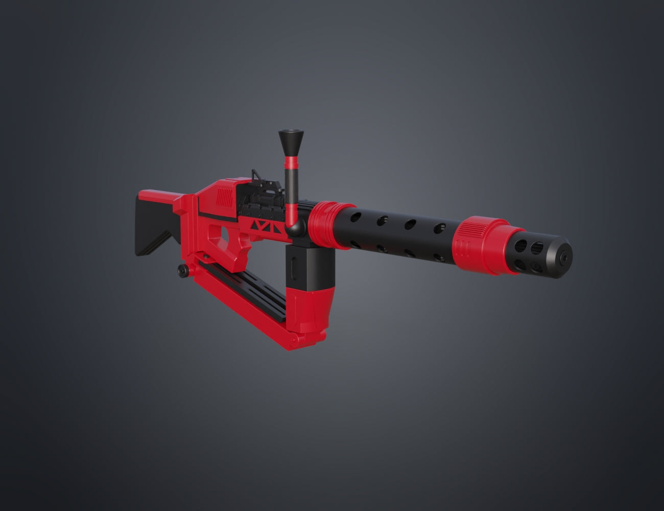 3D print preview of Sith Trooper Armor and Weapons STL, red textured blaster rifle render, 3D print cosplay prop
