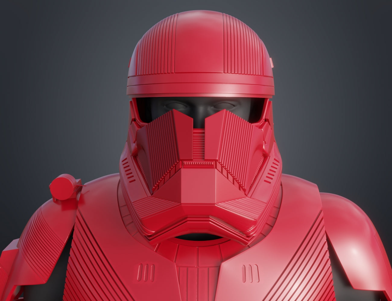 CGI render of Sith Trooper Armor STL, red textured 3D print cosplay prop, front view