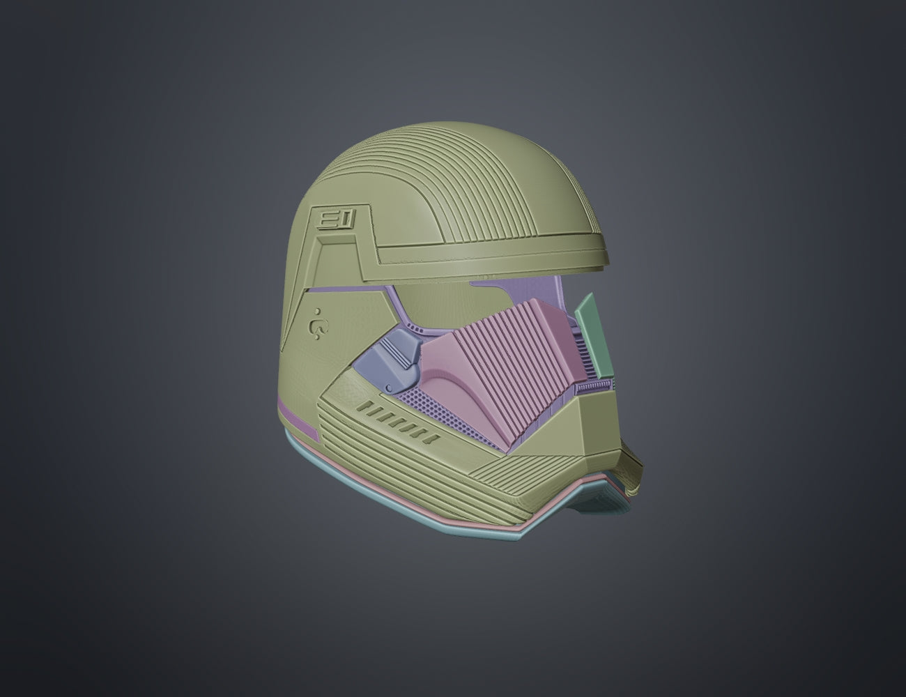 Digital 3D render of Sith Trooper Armor STL, olive-green cosplay helmet with purple visor, 3D print.