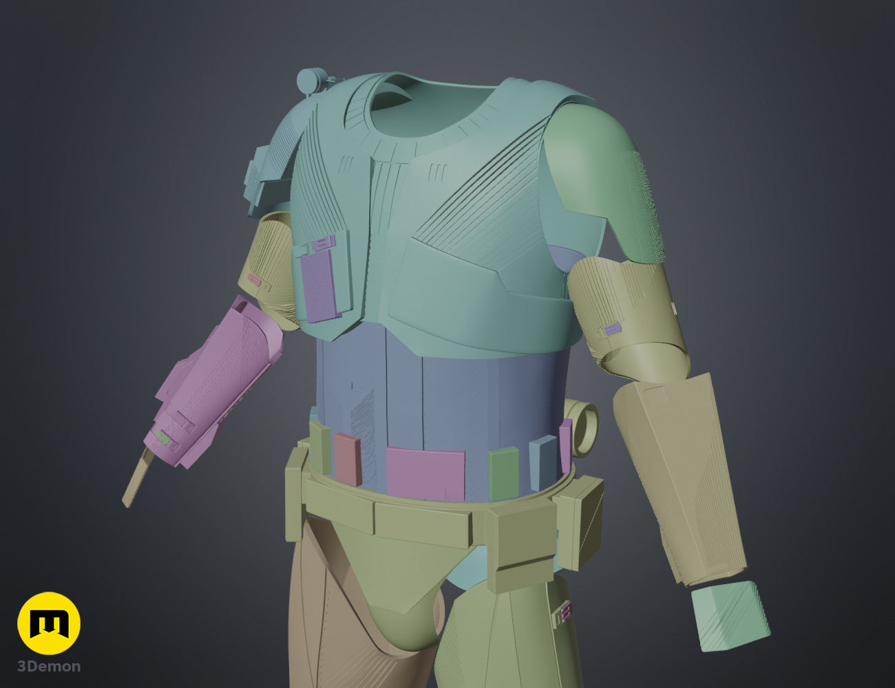 Color-coded parts breakdown of Sith Trooper Armor STL, modular 3D print cosplay prop assembly