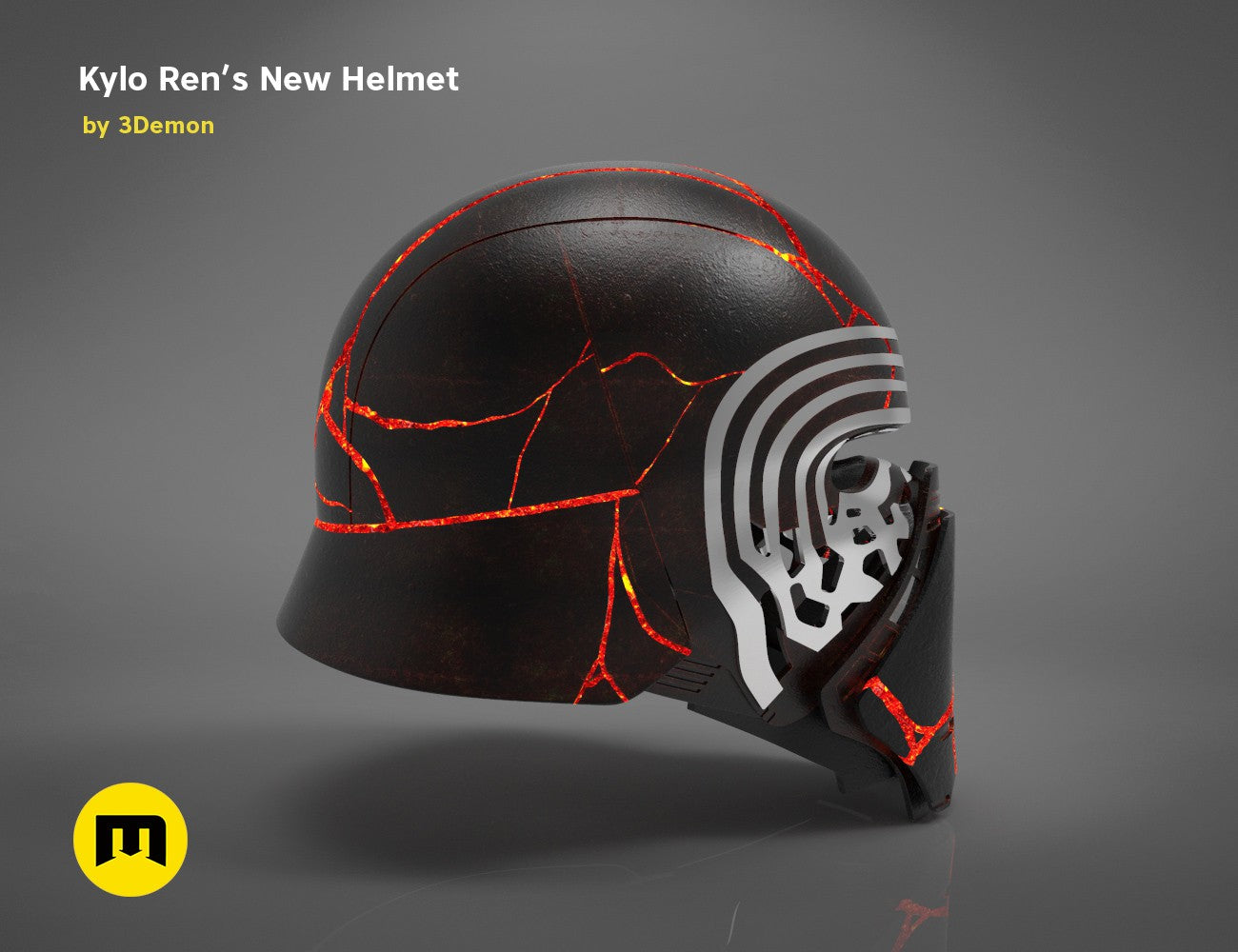 The Kylo Ren helmet destroyed - Star Wars STL, cracked black 3D print cosplay prop, side view