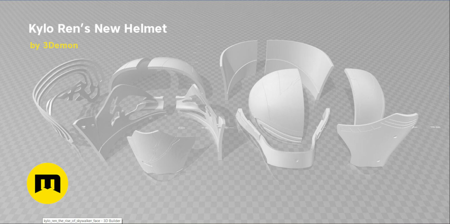 The Kylo Ren helmet destroyed - Star Wars STL, exploded view of shattered pieces, 3D print cosplay prop