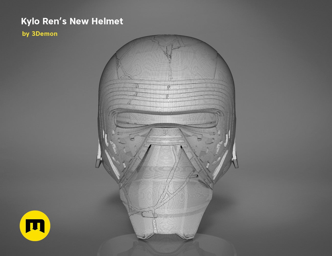 Wireframe mesh render of Kylo Ren helmet destroyed, front mesh topology, Star Wars 3D print cosplay prop