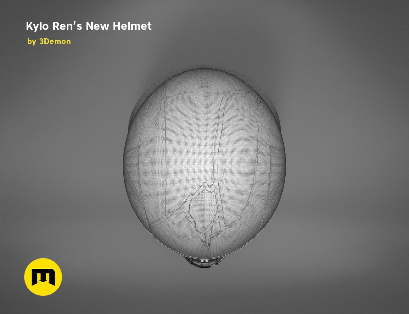 Wireframe mesh render of Kylo Ren helmet destroyed, side polygon structure, 3D print cosplay prop