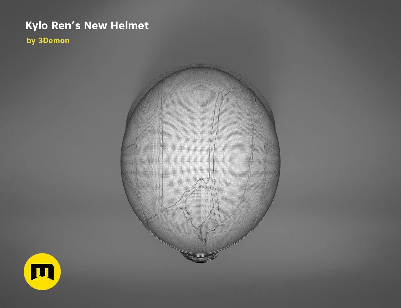 Wireframe mesh render of Kylo Ren helmet destroyed, side polygon structure, 3D print cosplay prop