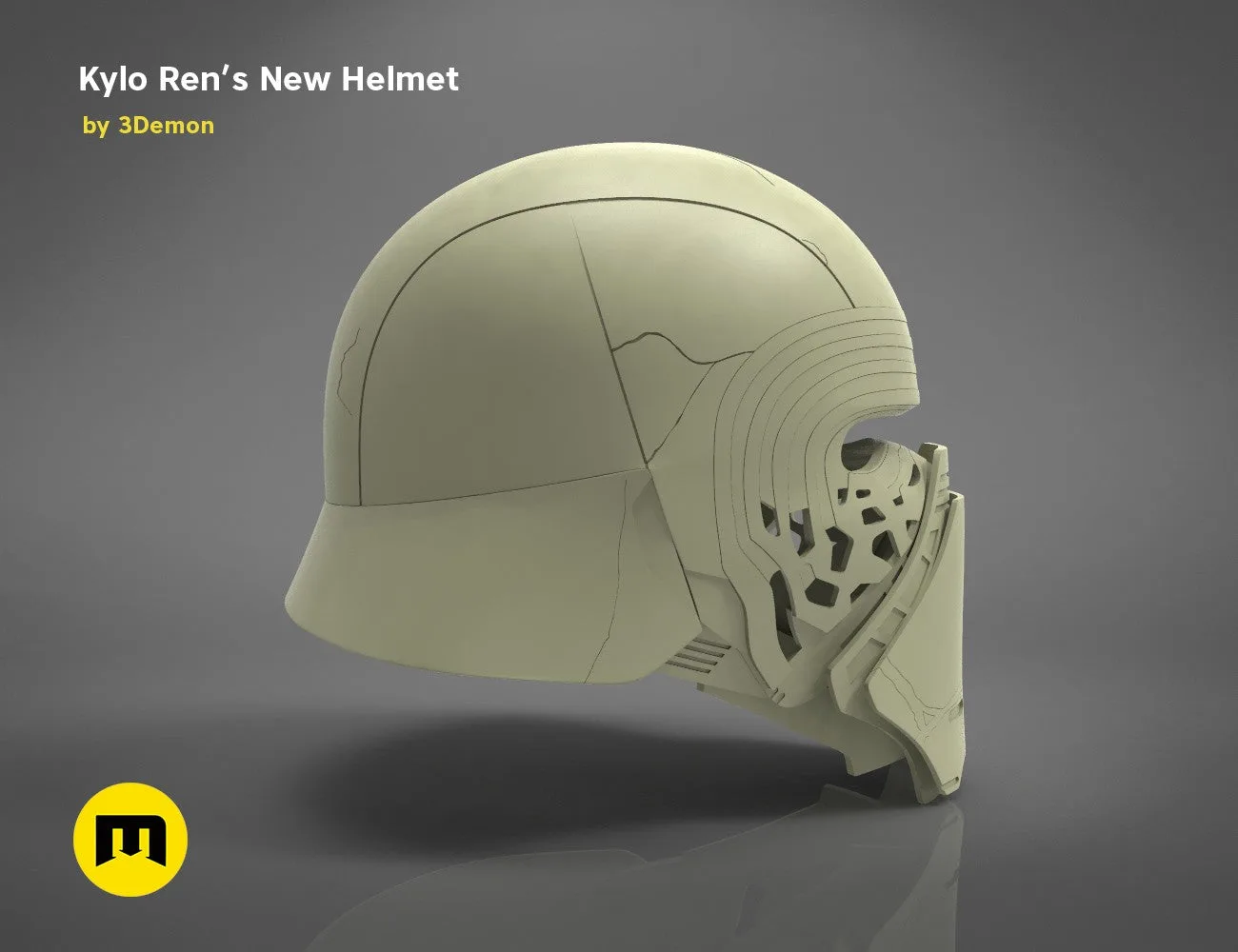 Wireframe mesh render of Kylo Ren helmet destroyed, side polygon structure, 3D print cosplay prop