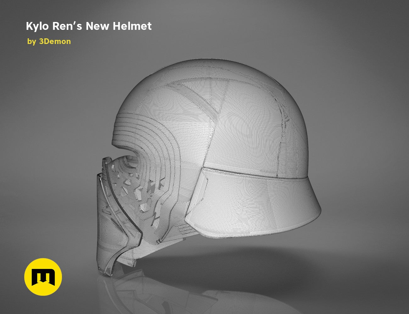 Wireframe mesh render of Kylo Ren helmet destroyed, side polygon structure, Star Wars 3D print cosplay prop