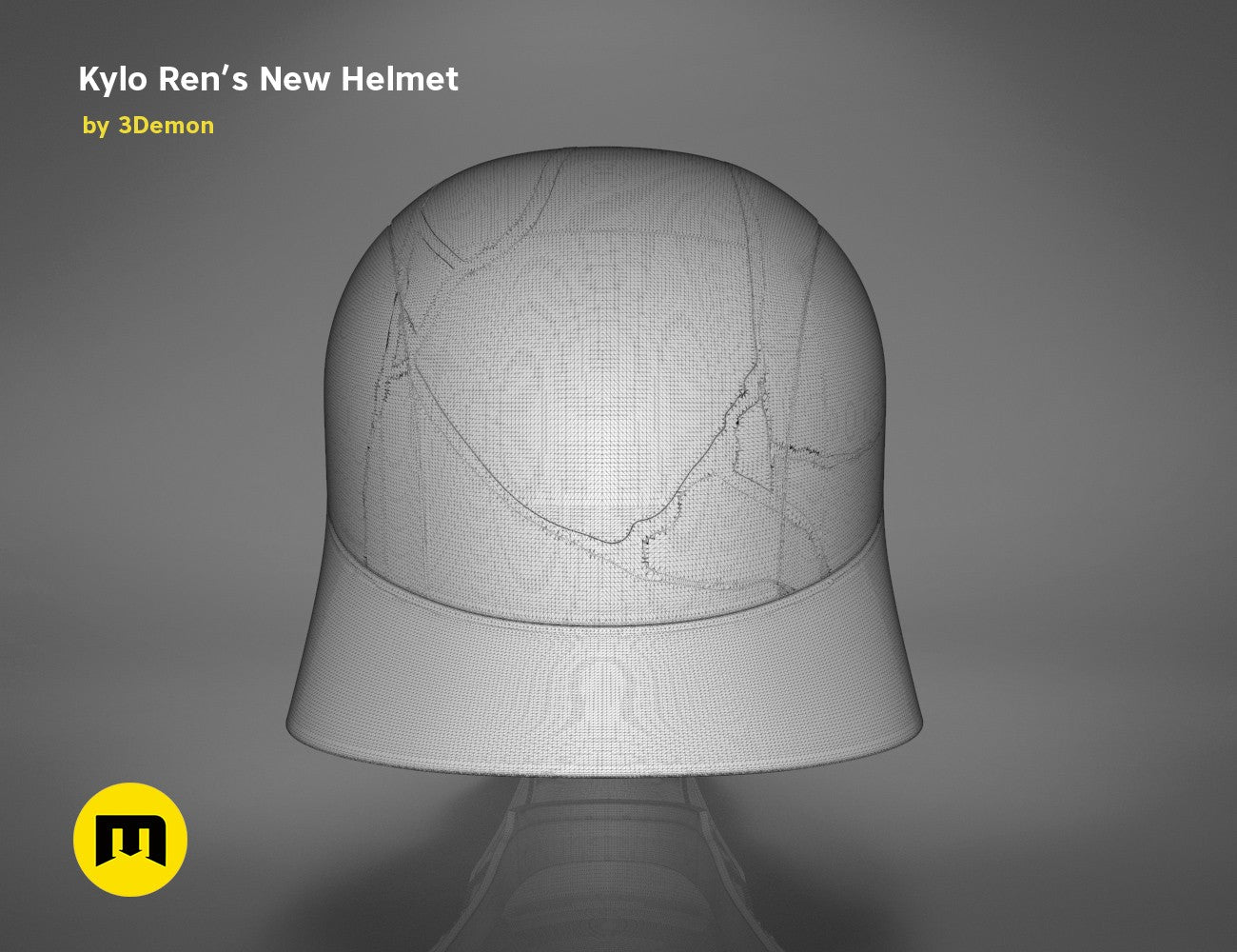 Wireframe mesh render of Kylo Ren helmet destroyed STL, rear mesh detail, Star Wars 3D print cosplay prop