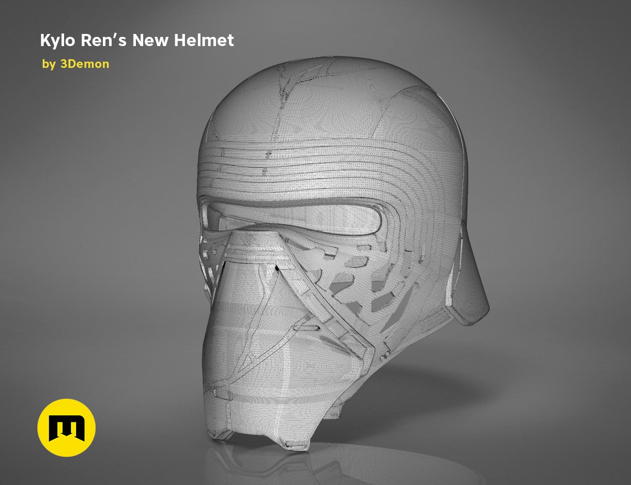Wireframe mesh render of Kylo Ren helmet destroyed STL, side view mesh topology, 3D print cosplay prop
