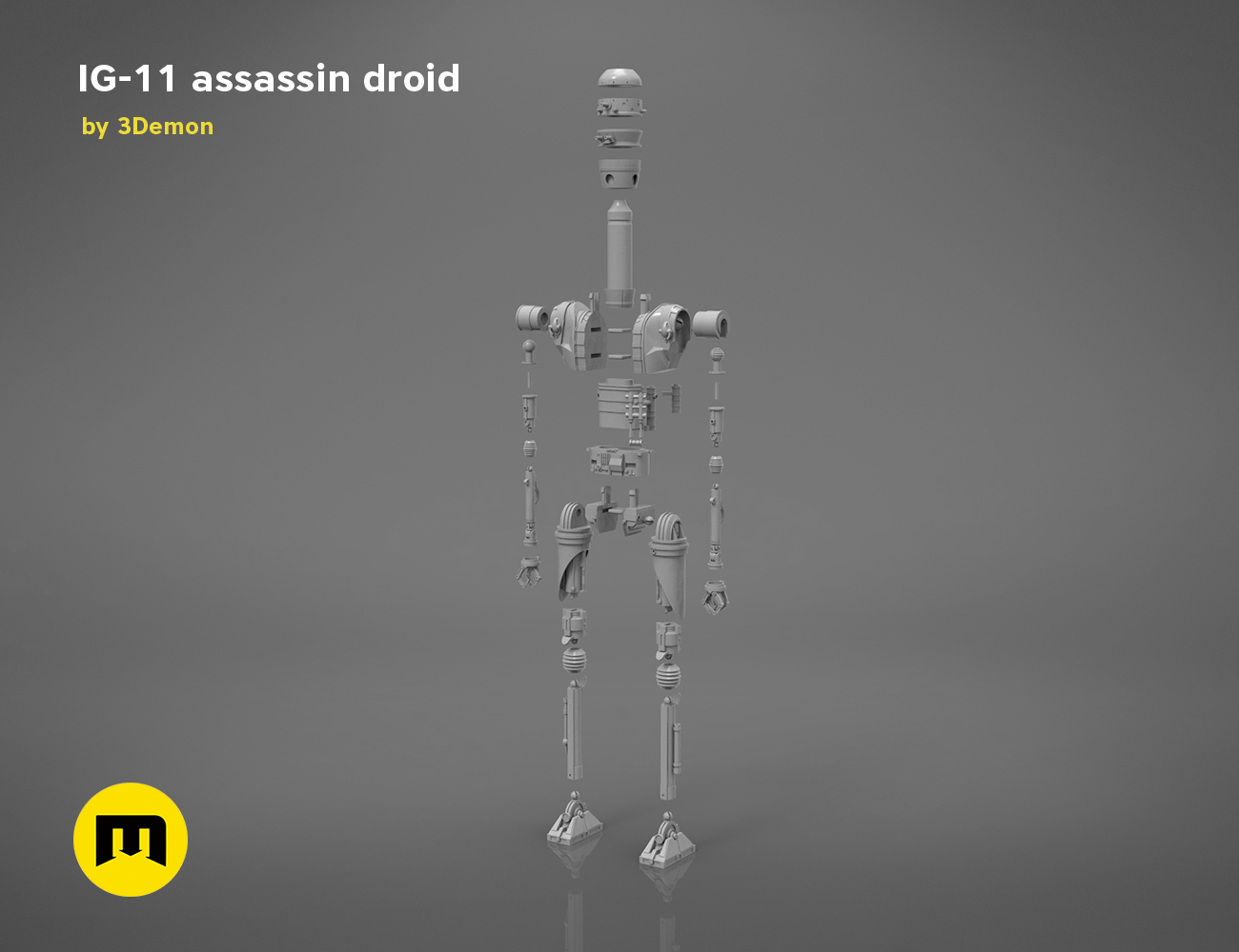Exploded view of Assassin droid IG-11 - Mandalorian, modular 3D print cosplay prop parts