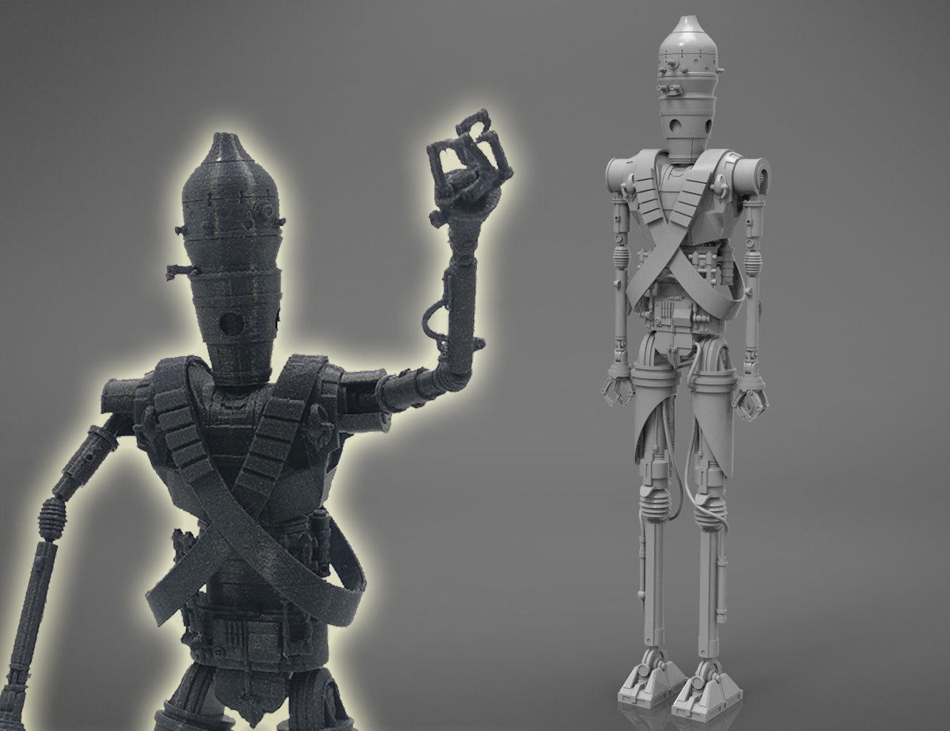 Digital 3D render of Assassin droid IG-11 - Mandalorian, dual-angle 3D print cosplay prop.