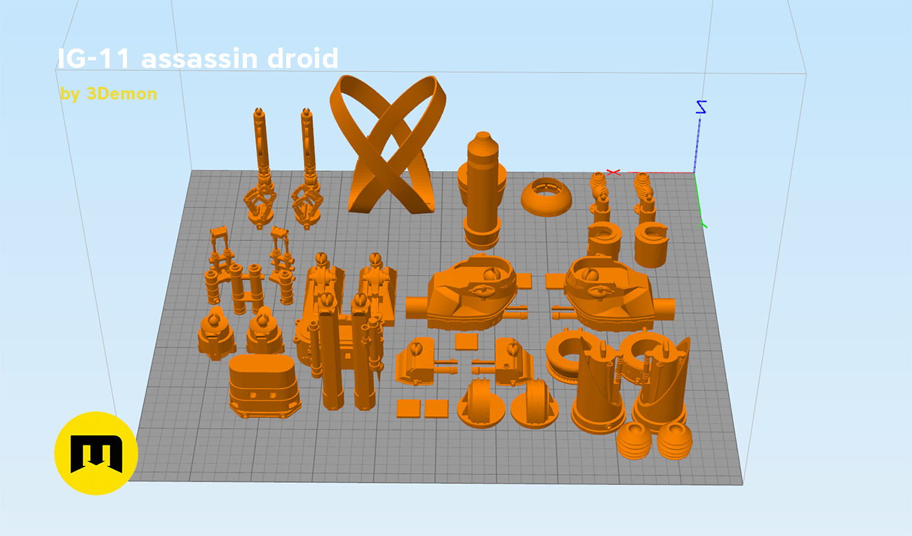 3D print preview of Assassin droid IG-11 - Mandalorian, exploded view of orange 3D printed cosplay prop parts