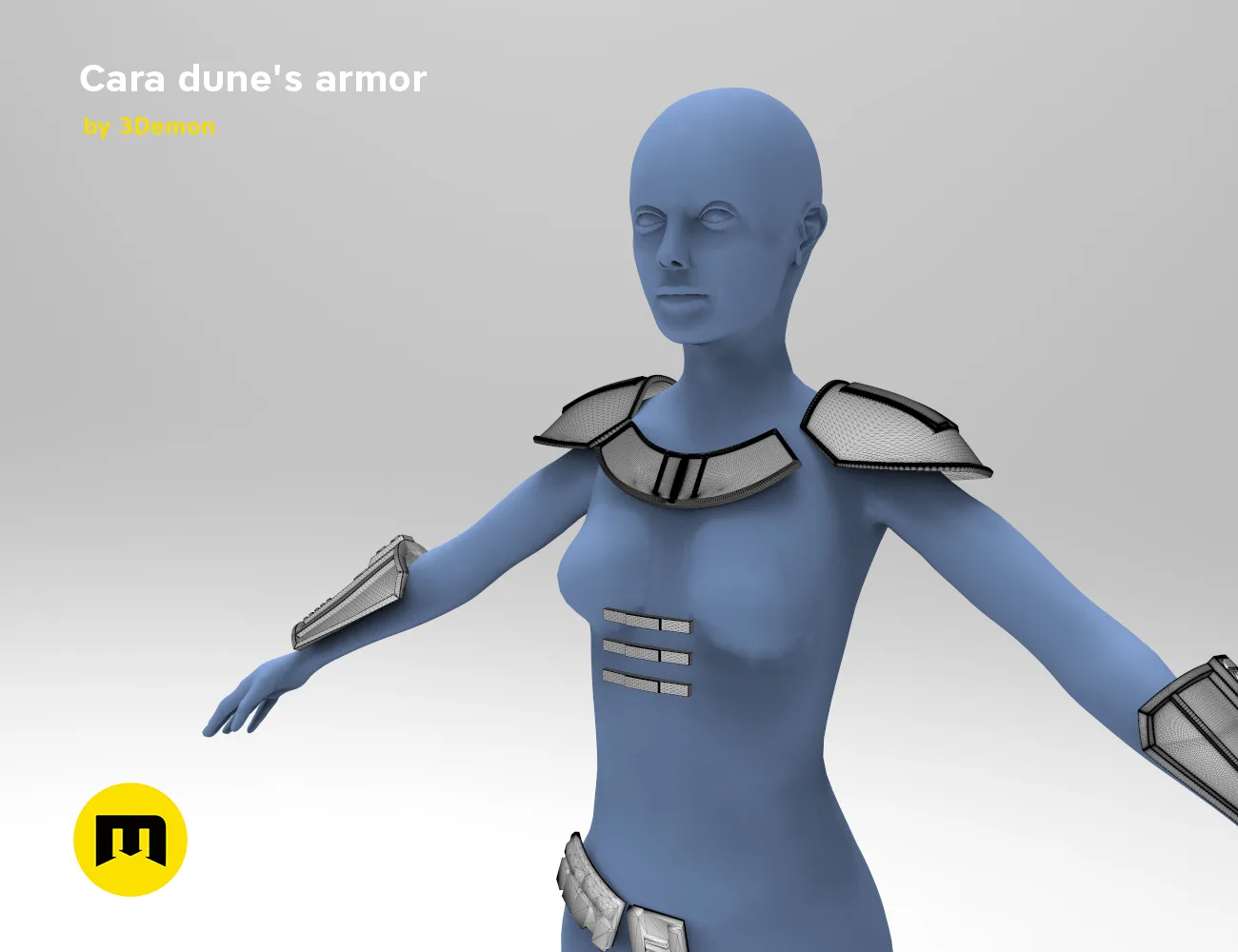 3D print preview of Cara Dune's armor STL, front view futuristic cosplay prop with shoulder pauldron