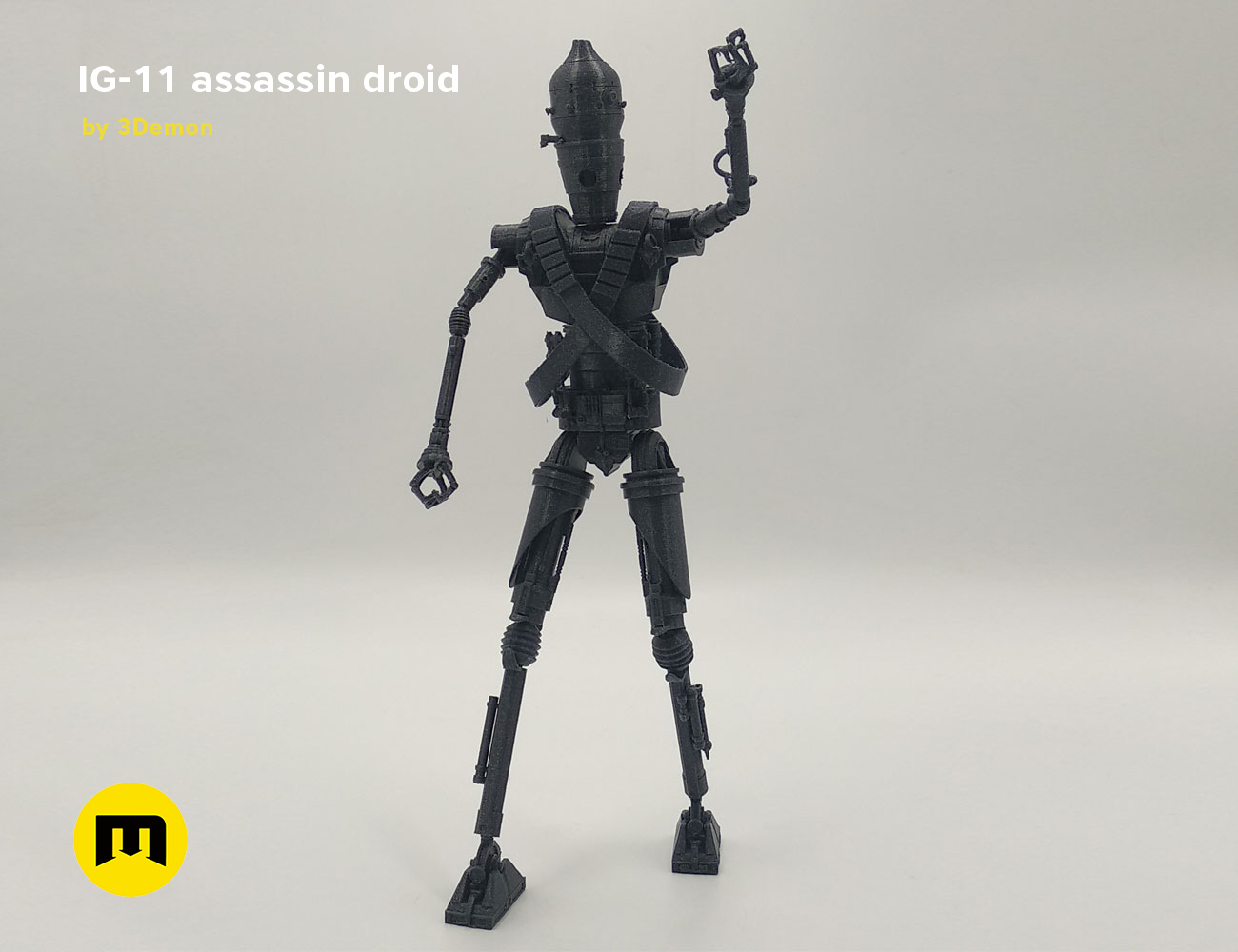 3D visualization of Assassin droid IG-11 - Mandalorian, black 3D printed cosplay prop, dynamic pose.