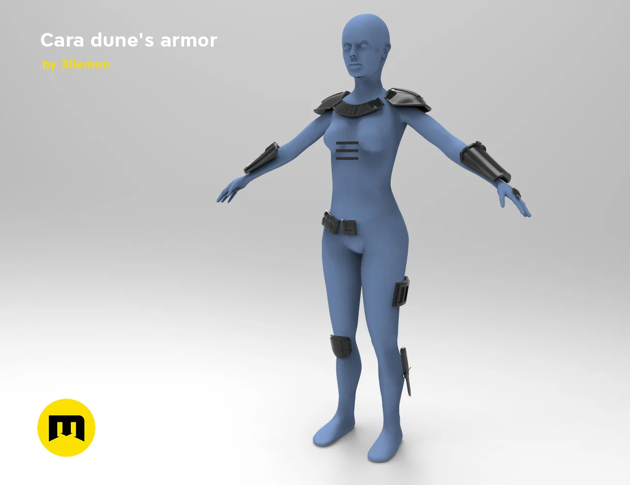 3D visualization of Cara Dune's armor STL, sleek blue cosplay prop with shoulder pauldron details, 3D print.