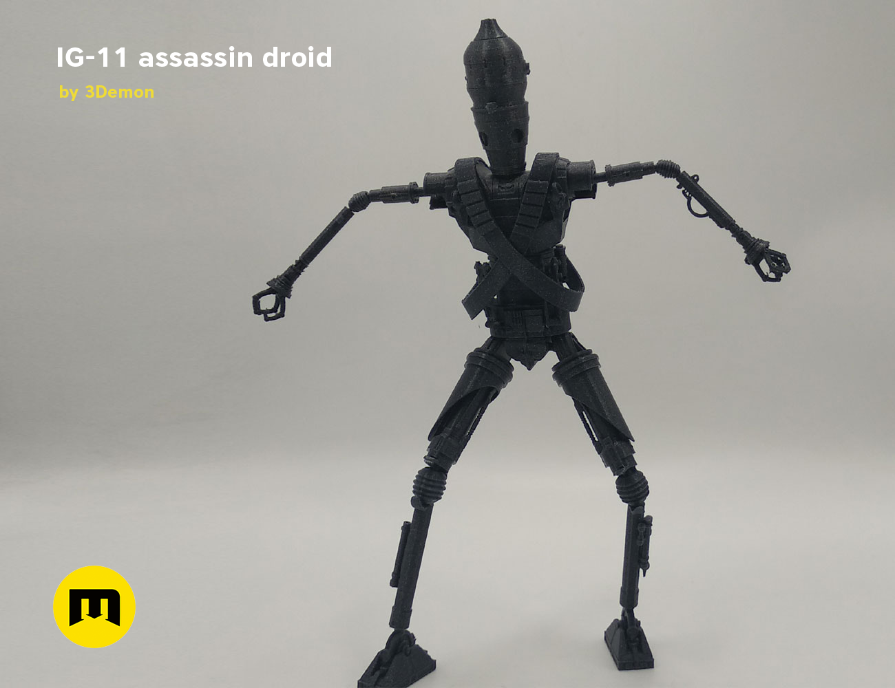 Assassin droid IG-11 - Mandalorian, black 3D printed cosplay prop, full-body view