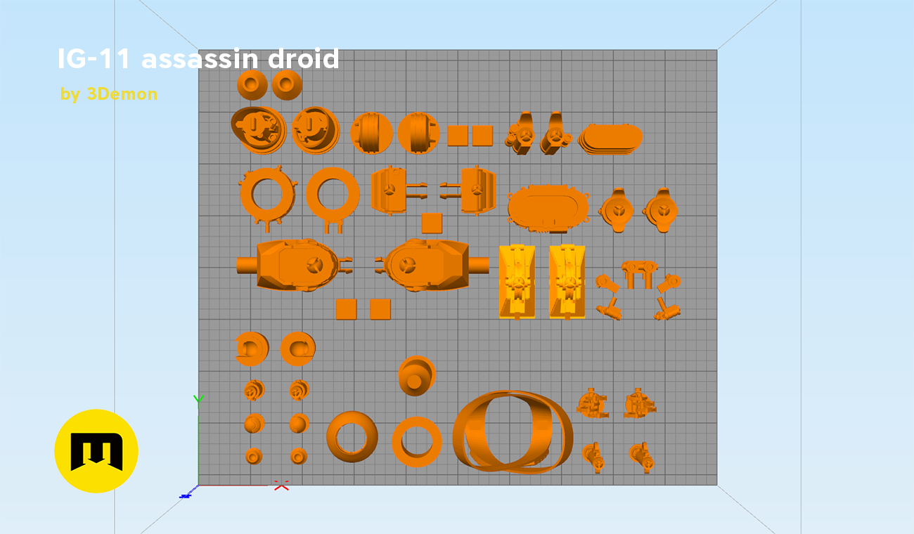 Assassin droid IG-11 - Mandalorian, exploded view of 3D printed cosplay prop parts breakdown