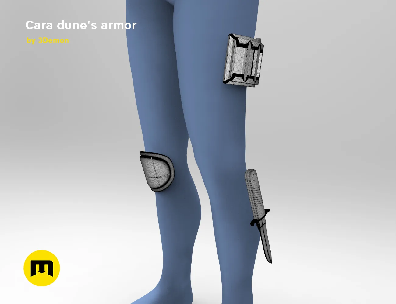 Cara Dune's armor STL, grey 3D render of knee guard, thigh sheath, and dagger, cosplay prop